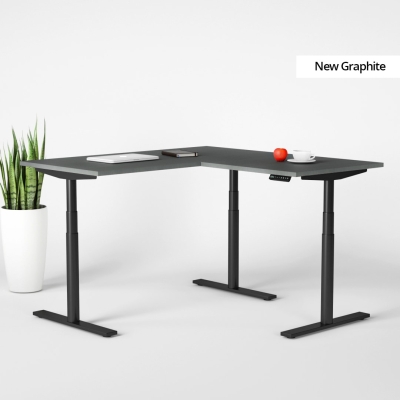 The Jive Laminate L Shape Corner Sit Stand Electric Standing Desk was designed by Elevate Ergonomics to help relieve neck & back pain. Award winning design, world class stability and use of sustainable materials
