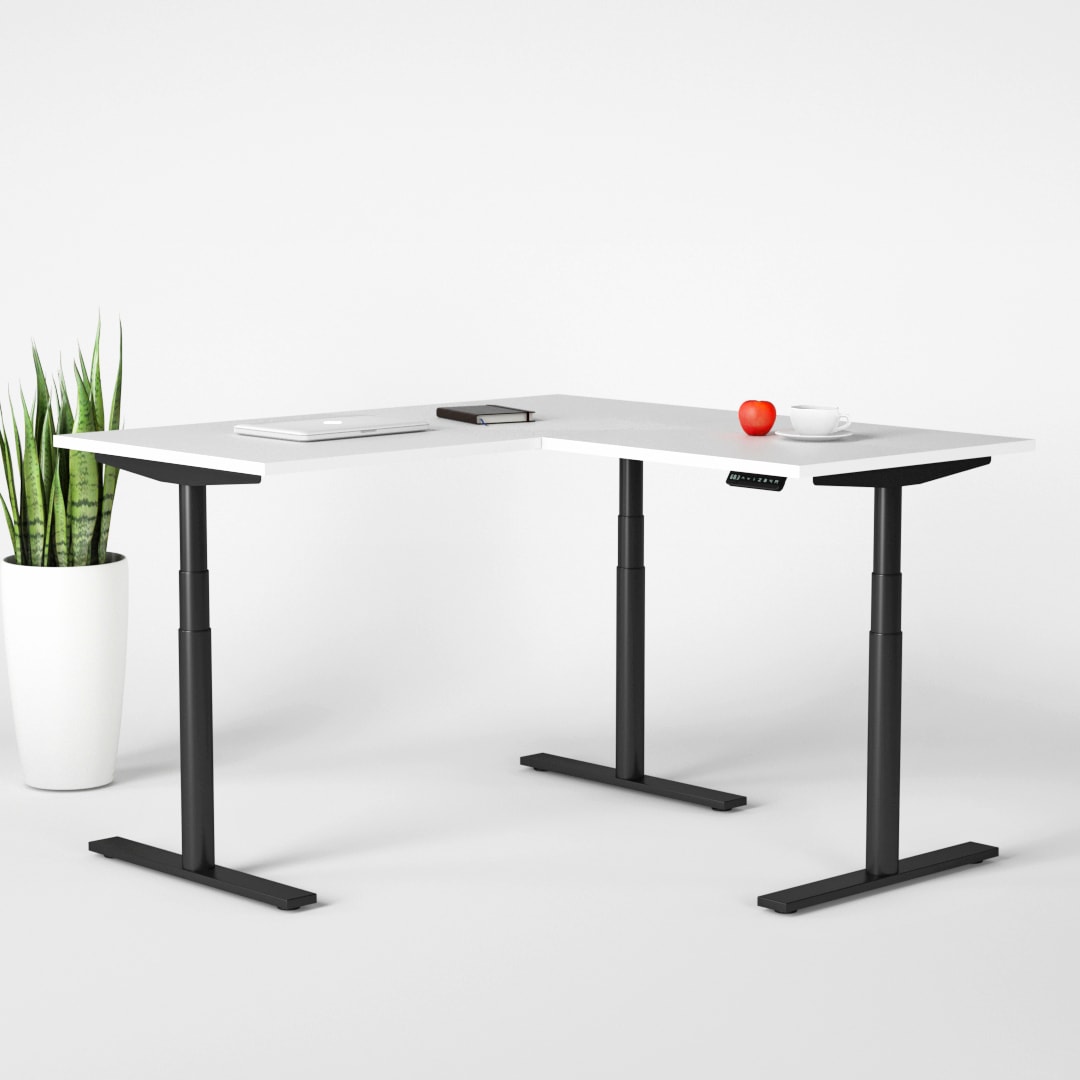 The Jive Laminate L Shape Corner Sit Stand Electric Standing Desk was designed by Elevate Ergonomics to help relieve neck & back pain. Award winning design, world class stability and use of sustainable materials
