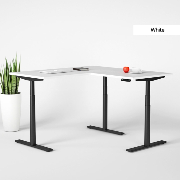 The Jive Laminate L Shape Corner Sit Stand Electric Standing Desk was designed by Elevate Ergonomics to help relieve neck & back pain. Award winning design, world class stability and use of sustainable materials